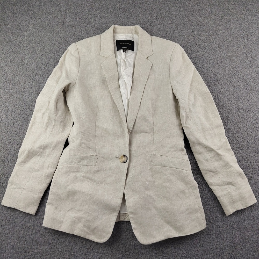 Massimo Dutti Linen Blazer Sz 2 One Button Oatmeal Beige Made in Portugal EUC